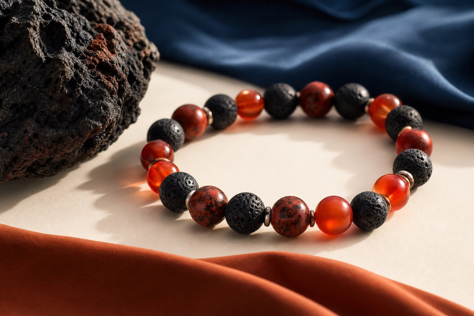 Bracelet associant pierre de lave noire, jaspe rouge et cornaline