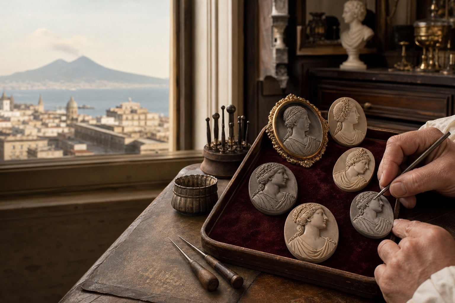 Atelier napolitain du XIXe siècle avec camées en pierre de lave et vue sur le Vésuve