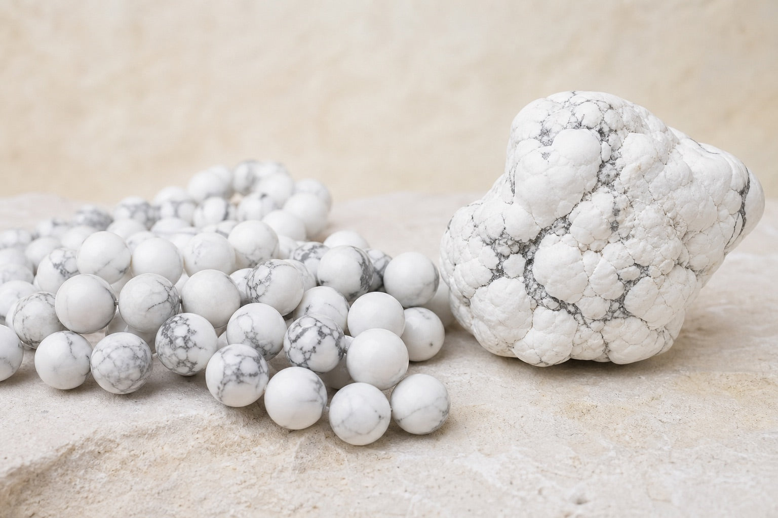 Howlite blanche naturelle, perles polies et nodule brut