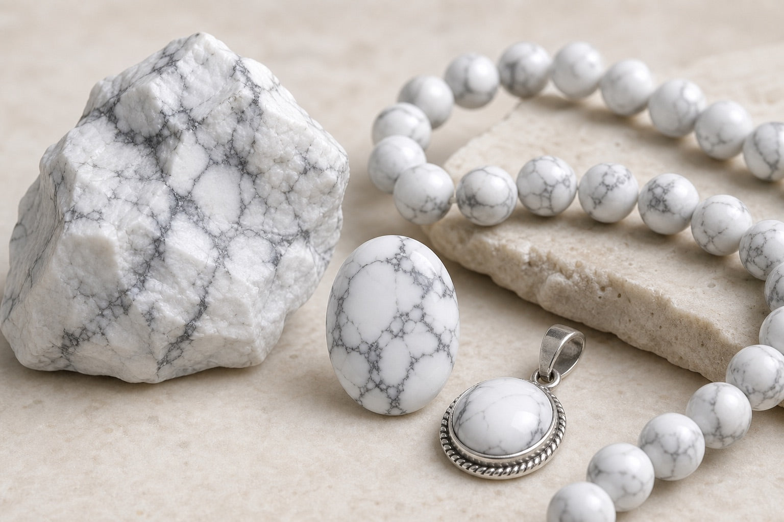 Howlite brute, cabochon, perles et pendentif