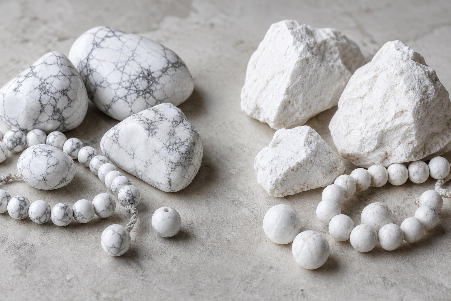 Howlite blanche veinée comparée à de la magnésite blanche
