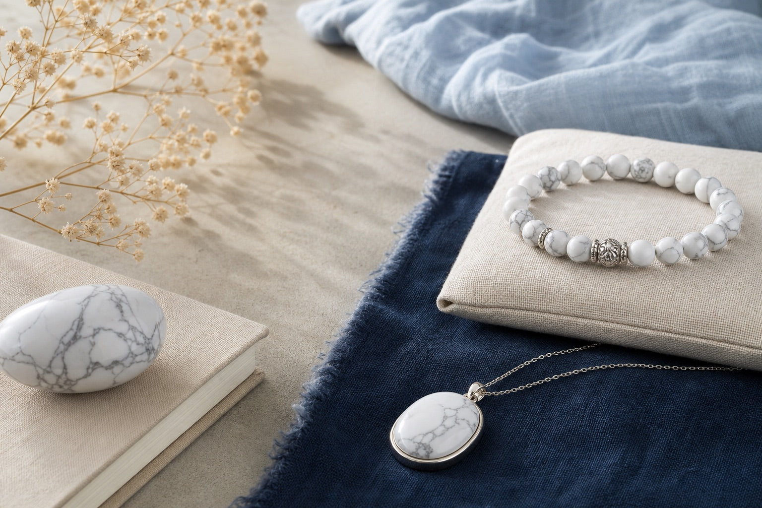 Howlite, bracelet et pendentif dans un espace de méditation