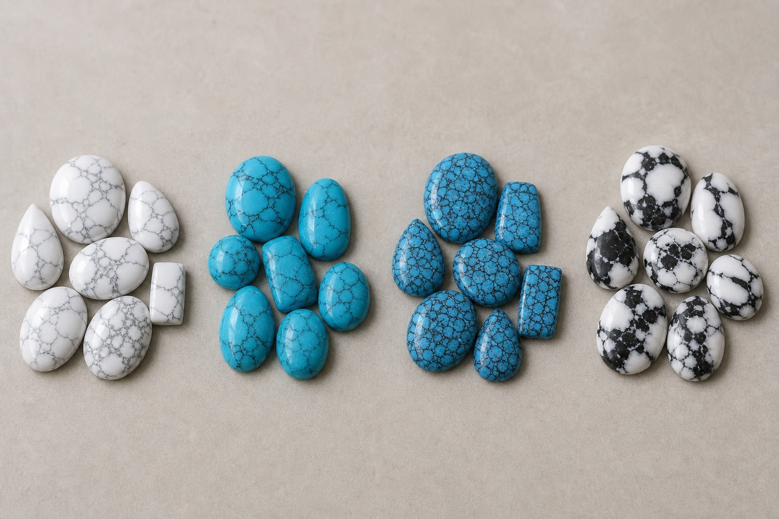 Comparaison de howlite, turquénite, turquoise reconstituée et White Buffalo