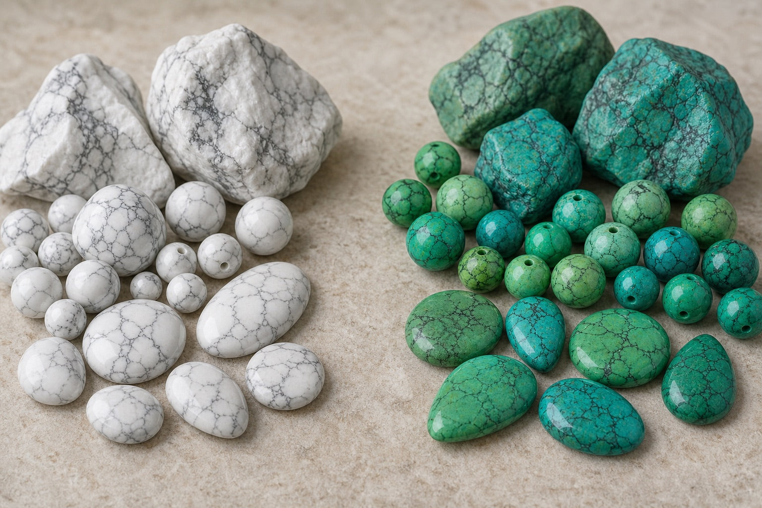 Howlite blanche naturelle comparée à de la howlite teintée en vert