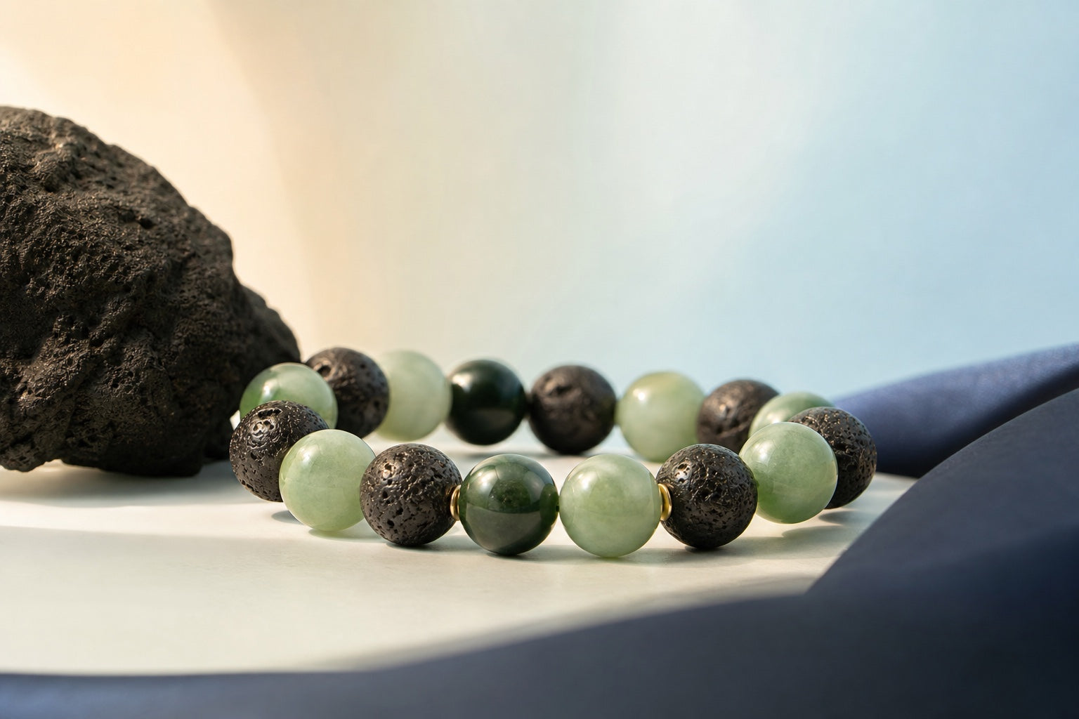 Bracelet associant pierre de lave noire et jade vert