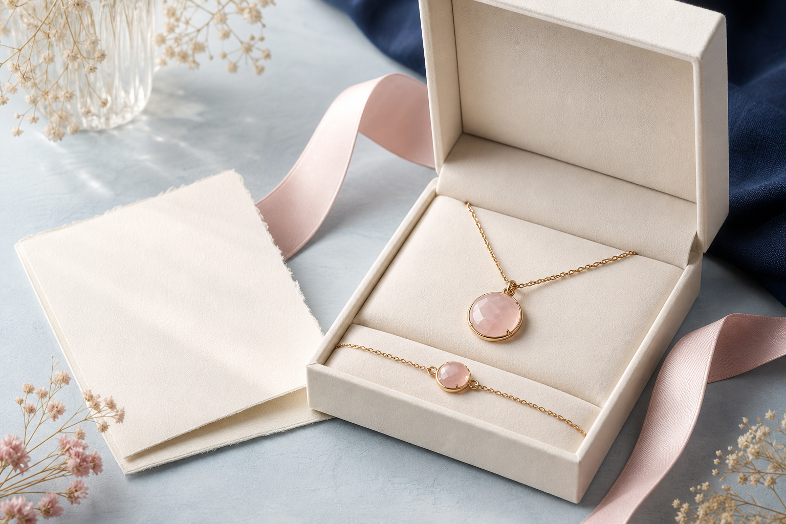 Bijoux en quartz rose présentés dans un écrin ivoire