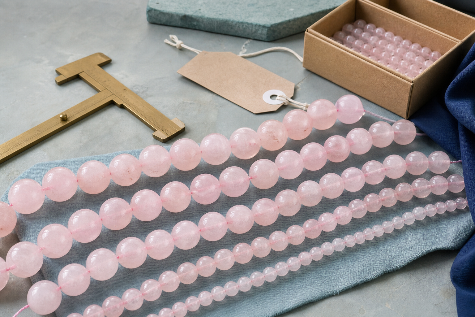 Fils de perles en quartz rose en gros avec calibres et boîte d’échantillons