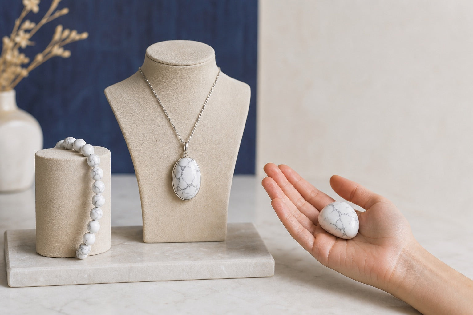 Bracelet, pendentif et pierre roulée en howlite blanche