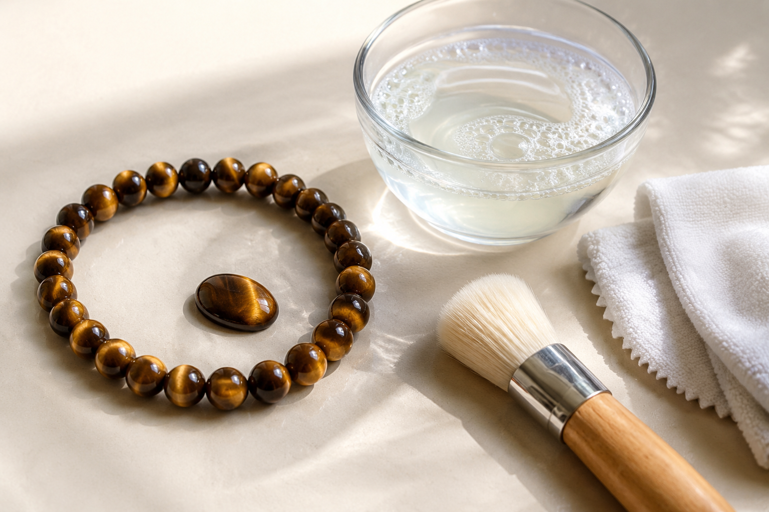 Nettoyage doux d’une pierre et d’un bracelet en œil de tigre