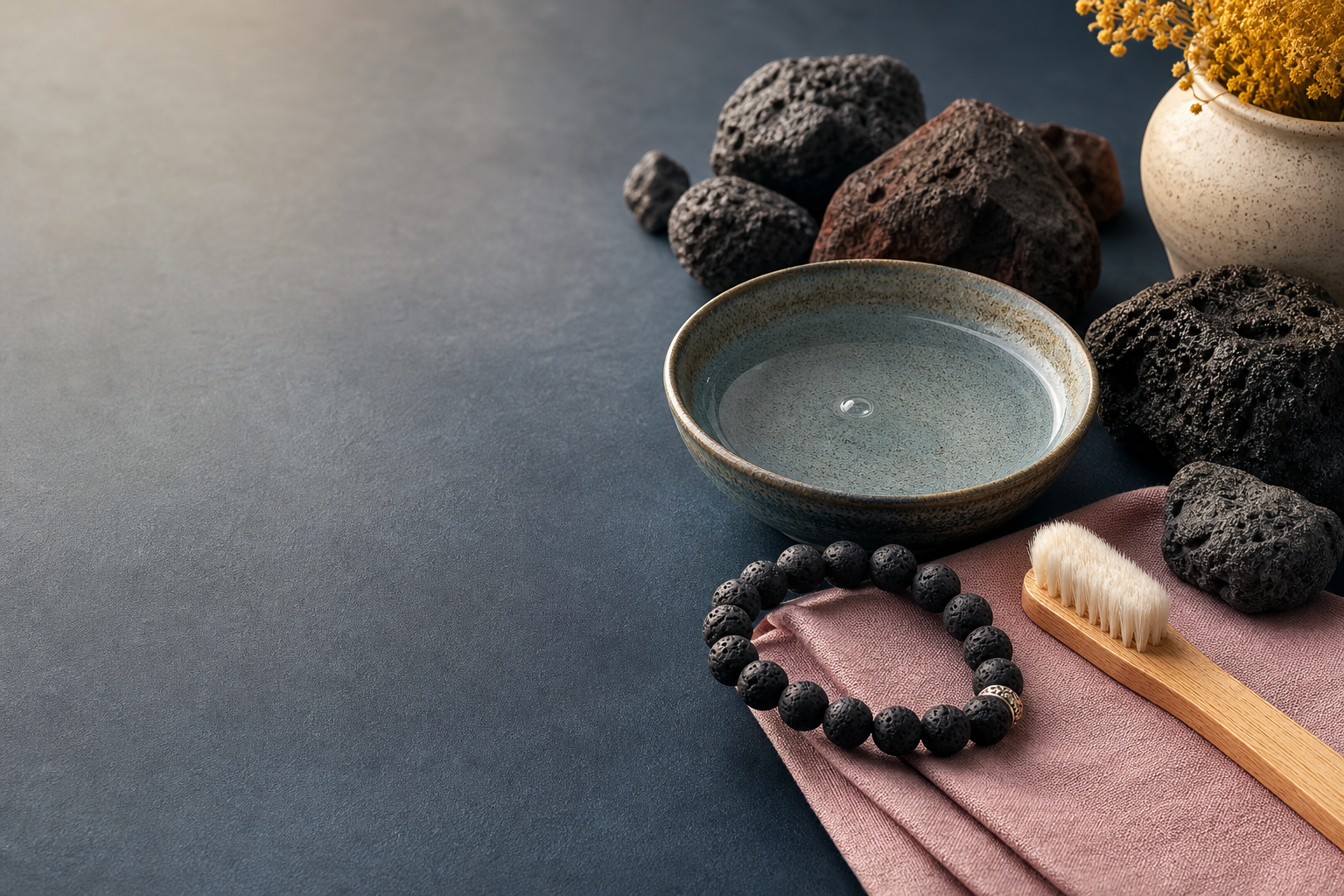 Bracelet en pierre de lave avec eau tiède, brosse douce et chiffon de nettoyage