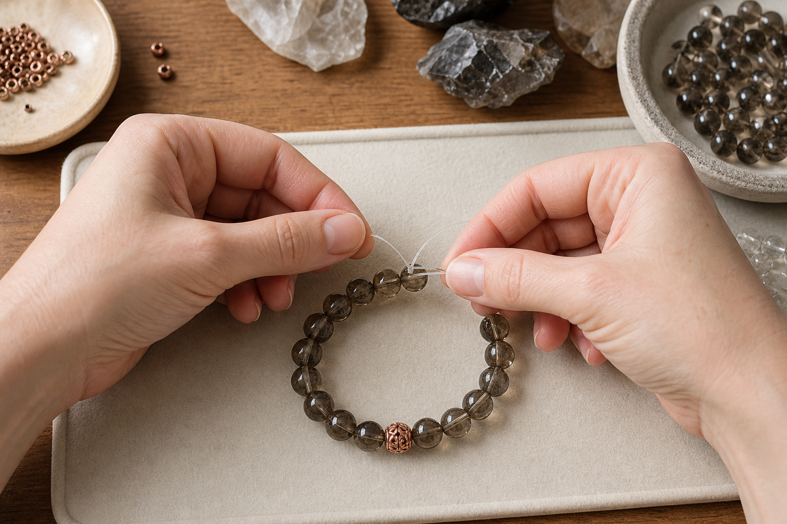Fermeture d’un bracelet en pierres naturelles avec un nœud de chirurgien