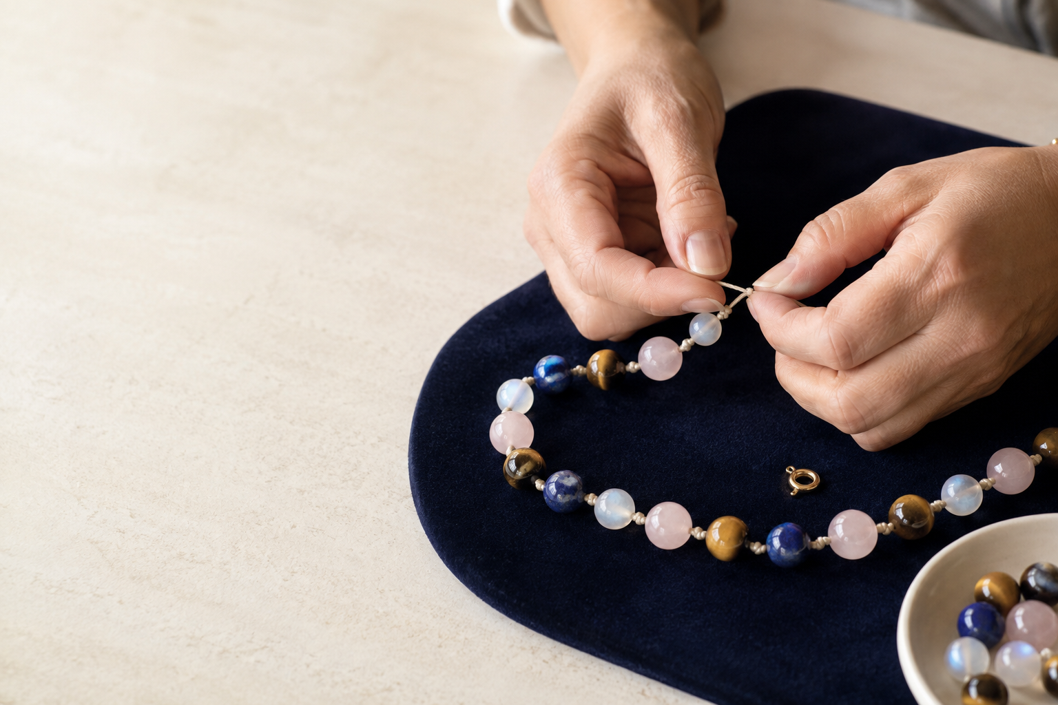Nouage manuel d’un fil entre chaque perle d’un collier en pierres naturelles