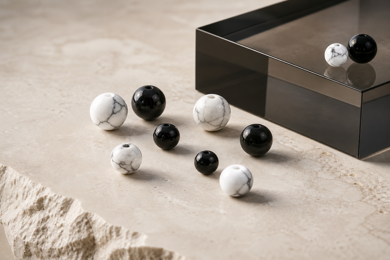 Obsidienne noire et howlite blanche veinée associées dans une composition de bijoux