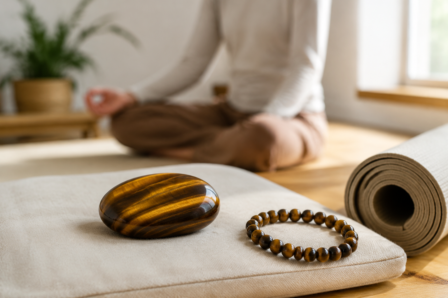 Œil de tigre, bracelet et espace de méditation pour une pratique autour des chakras