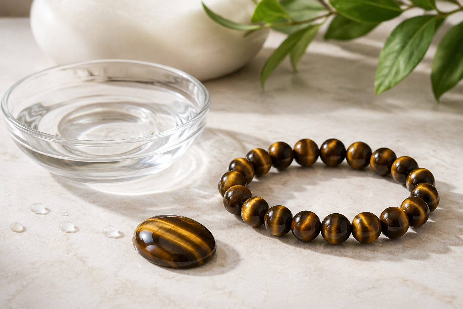 Bracelet et cabochon en œil de tigre à côté d’un bol d’eau claire
