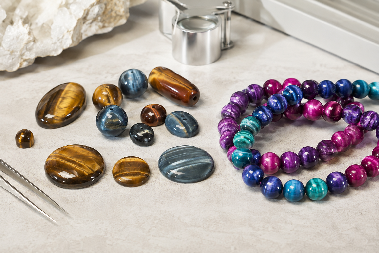 Comparaison entre œil de tigre naturel et perles Galaxy multicolores teintées