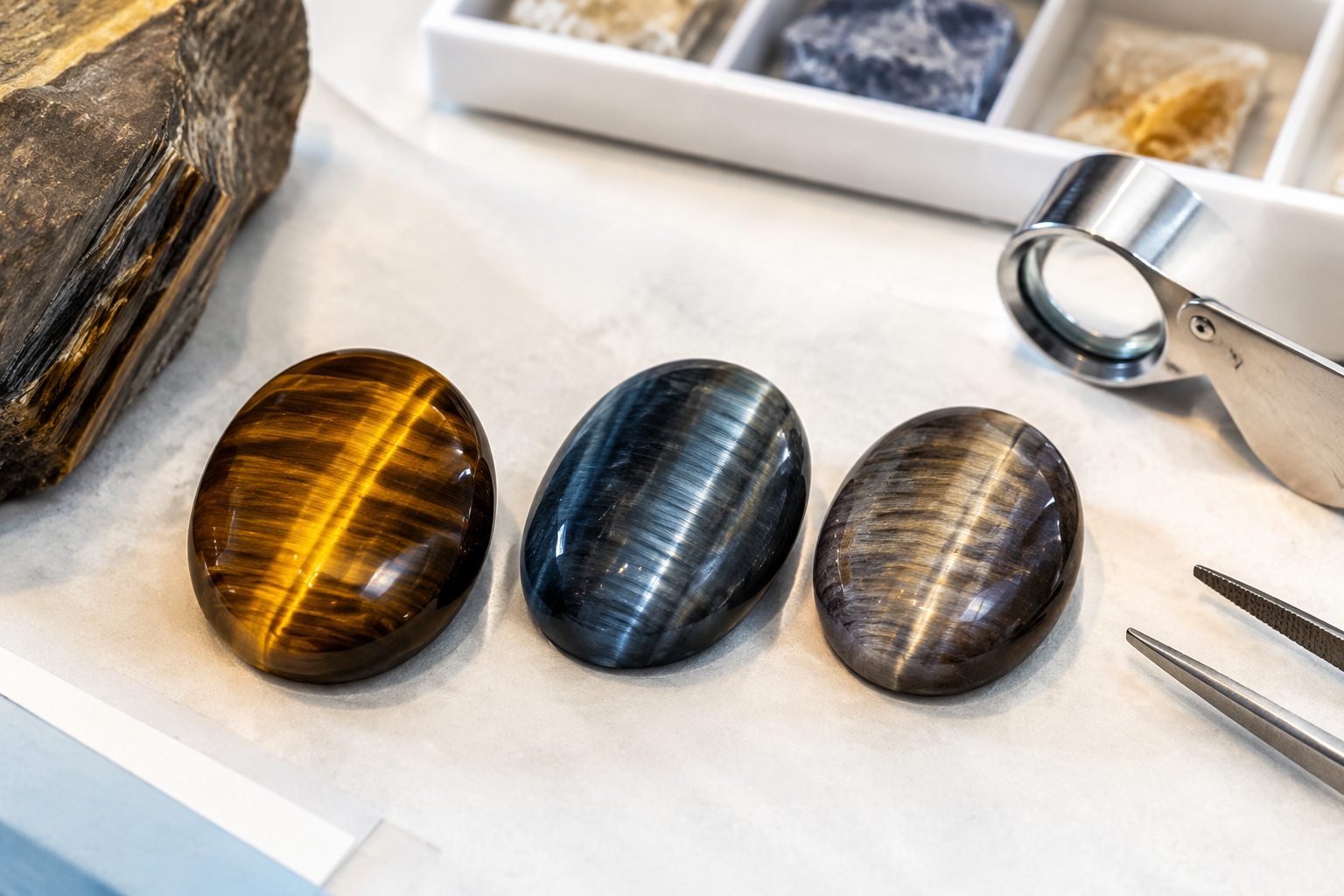 Comparaison entre œil de tigre doré, œil de faucon bleu-gris et quartz chatoyant gris-brun