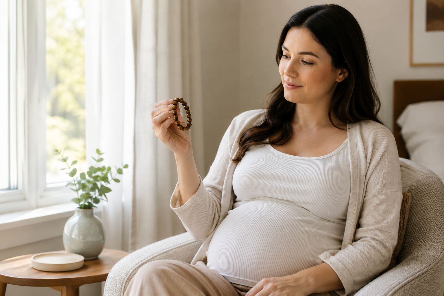 Femme enceinte examinant un bracelet en œil de tigre avant de le porter