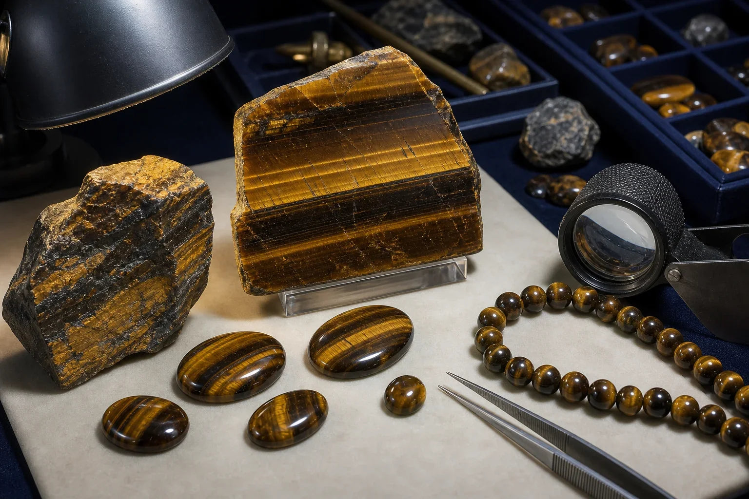 Œil de tigre brut, cabochons et perles examinés pour distinguer inclusions et défauts