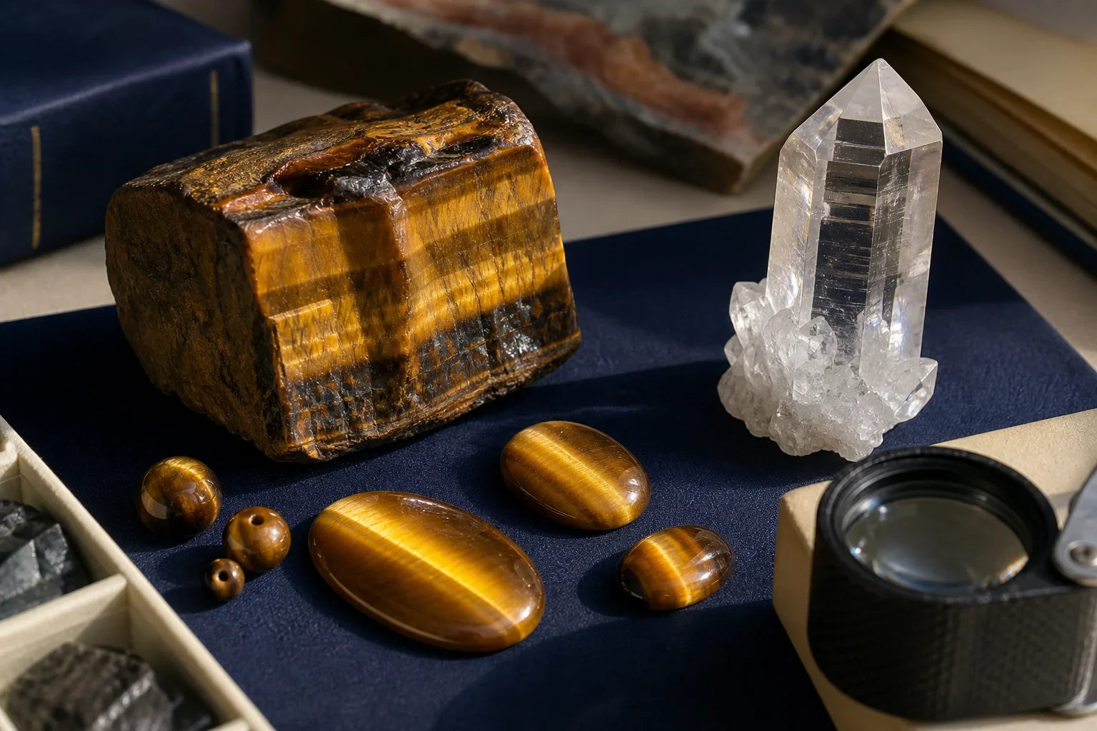 Œil de tigre, cabochons et cristal de quartz comparés sur une table gemmologique