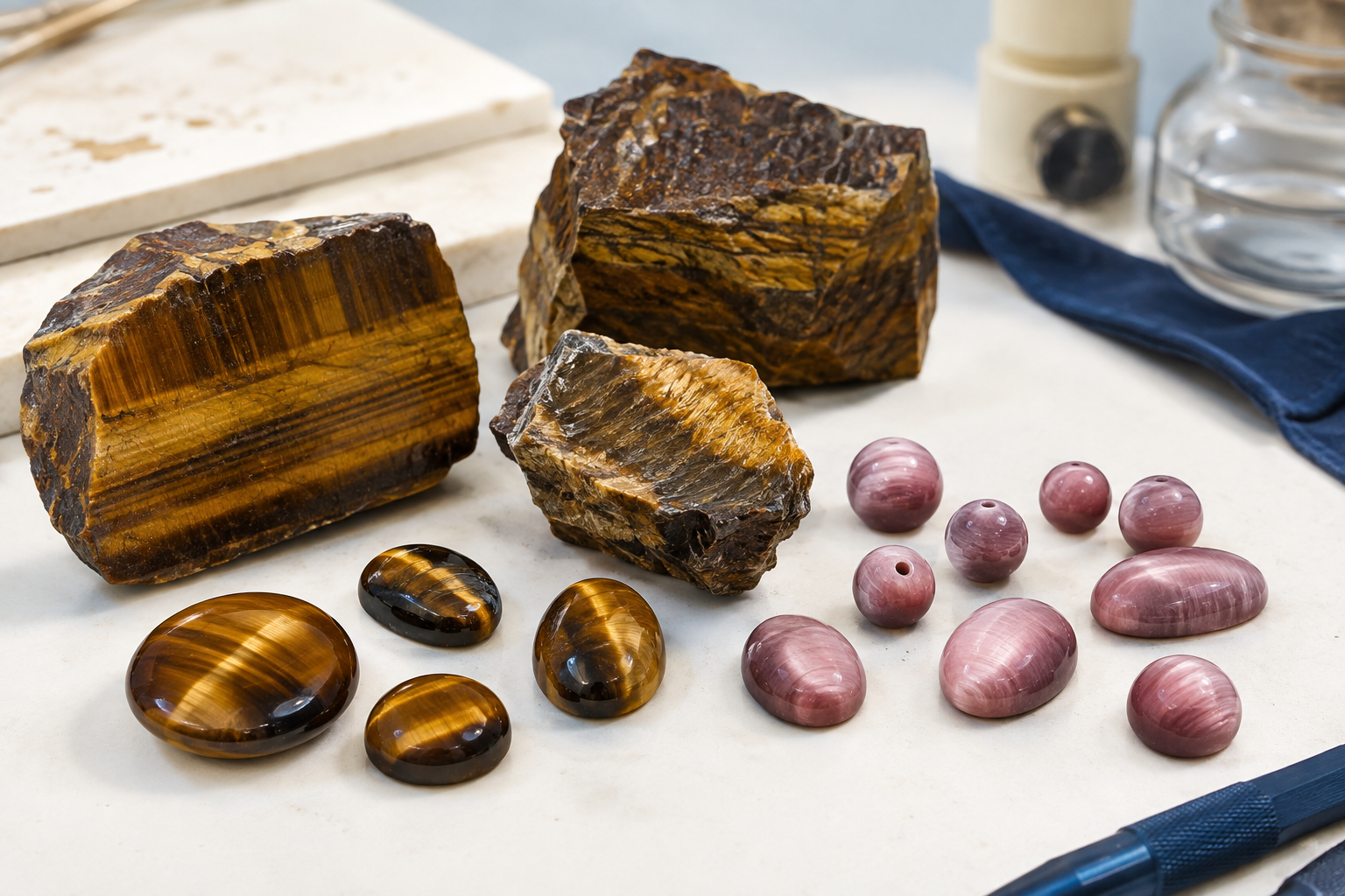 Comparaison éditoriale entre œil de tigre brun-doré naturel et échantillons chatoyants roses commercialement colorés