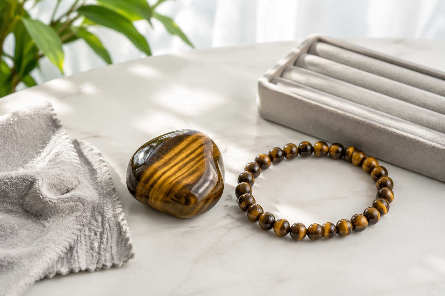 Œil de tigre poli et bracelet inspectés sur un plateau de rangement