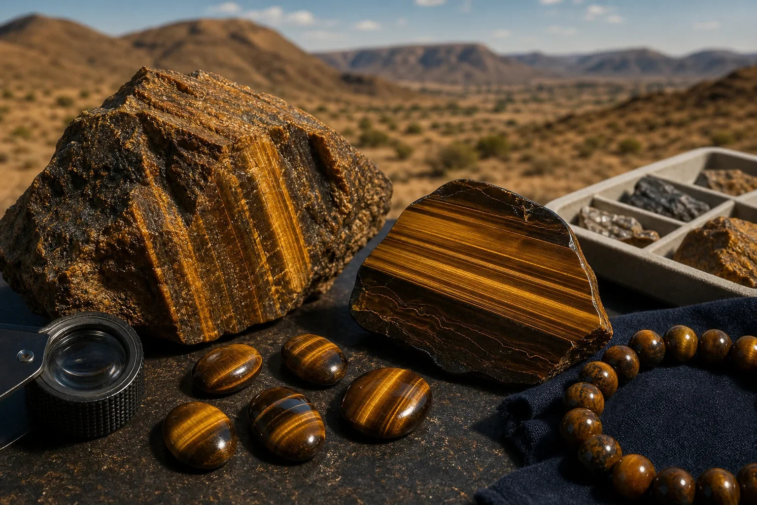 Œil de tigre brut et poli évoquant sa provenance du Cap-Nord en Afrique du Sud