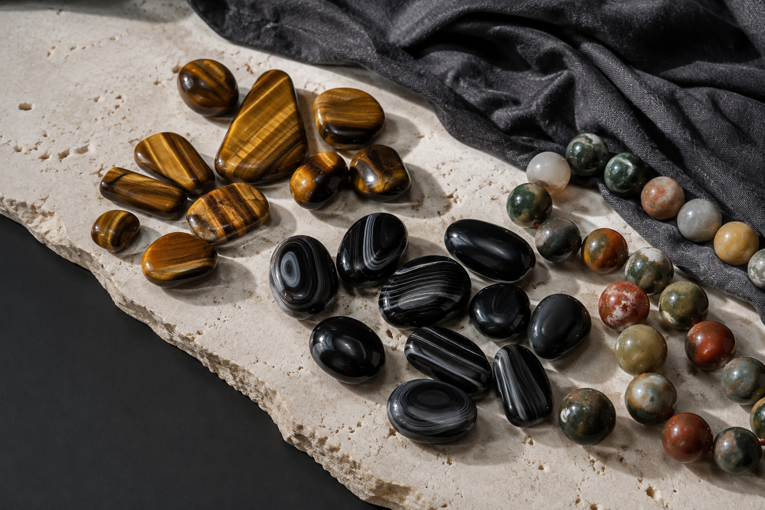 Œil de tigre, agate noire et agate indienne réunis sur une pierre claire