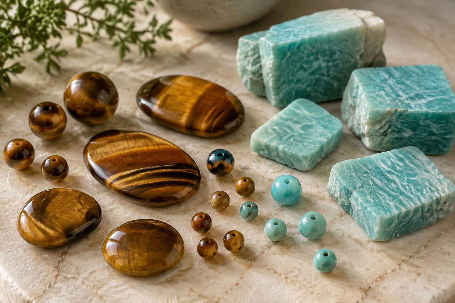 Œil de tigre et amazonite réunis, pierres et perles naturelles