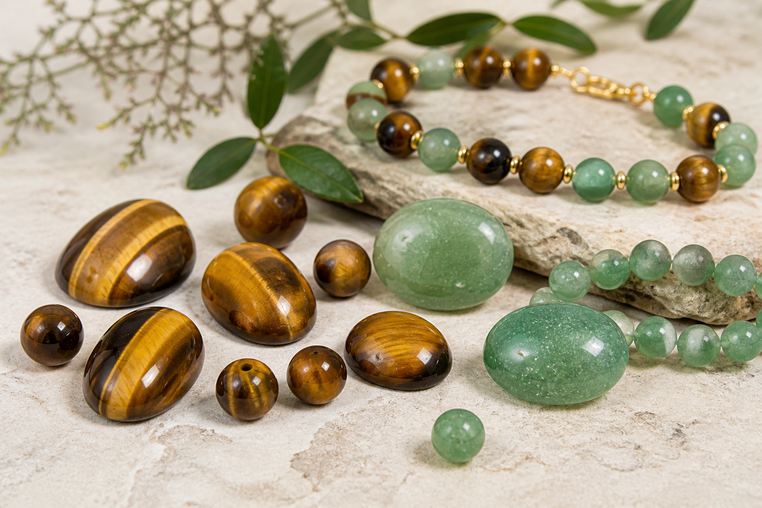 Œil de tigre et aventurine verte associés en pierres et bracelet
