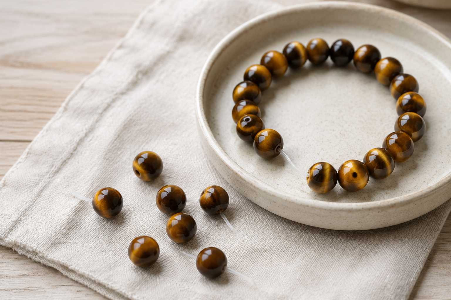Bracelet en œil de tigre cassé avec perles et élastique rassemblés en sécurité