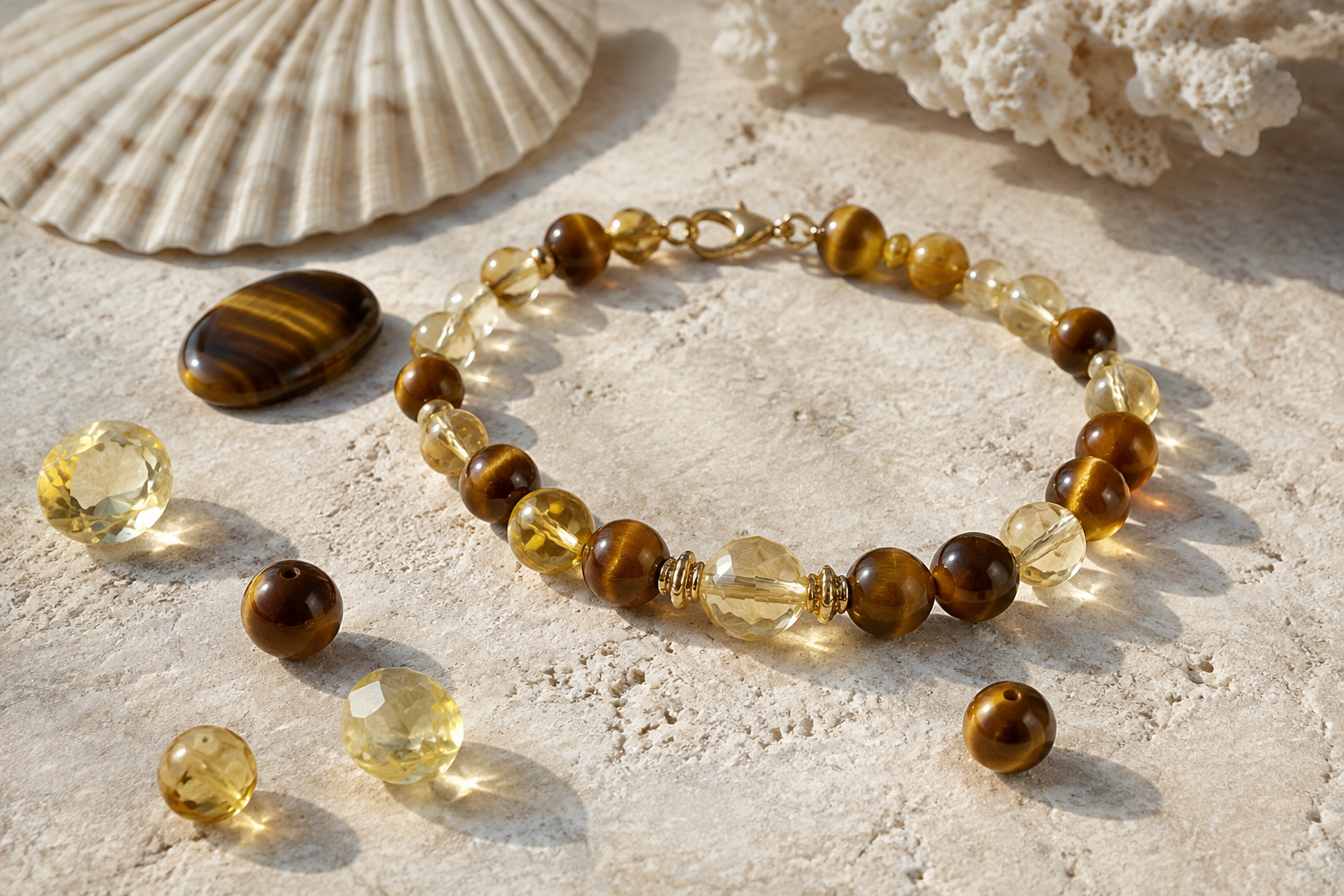 Bracelet associant œil de tigre chatoyant et citrine jaune transparente