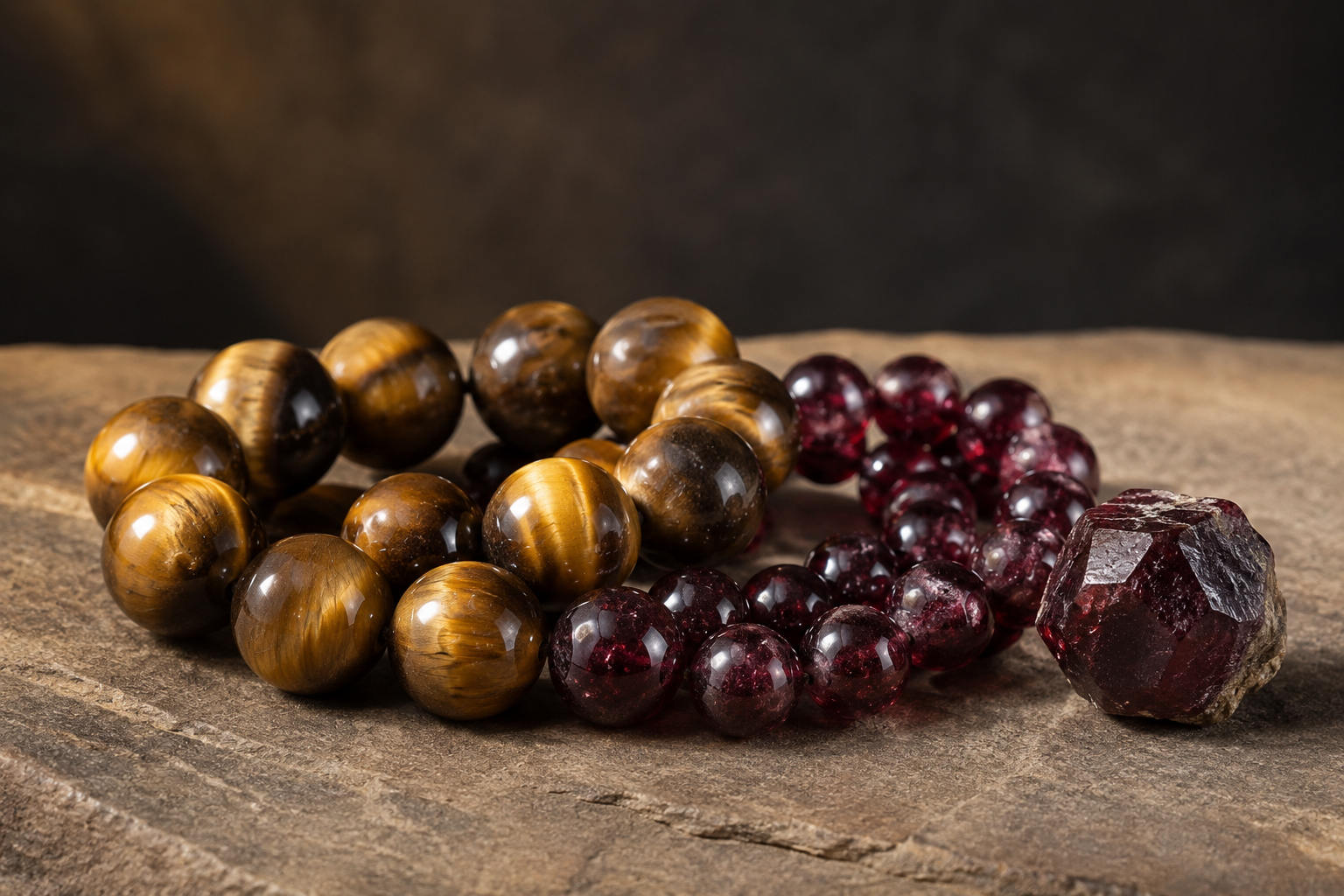 Œil de tigre chatoyant et grenat almandin réunis