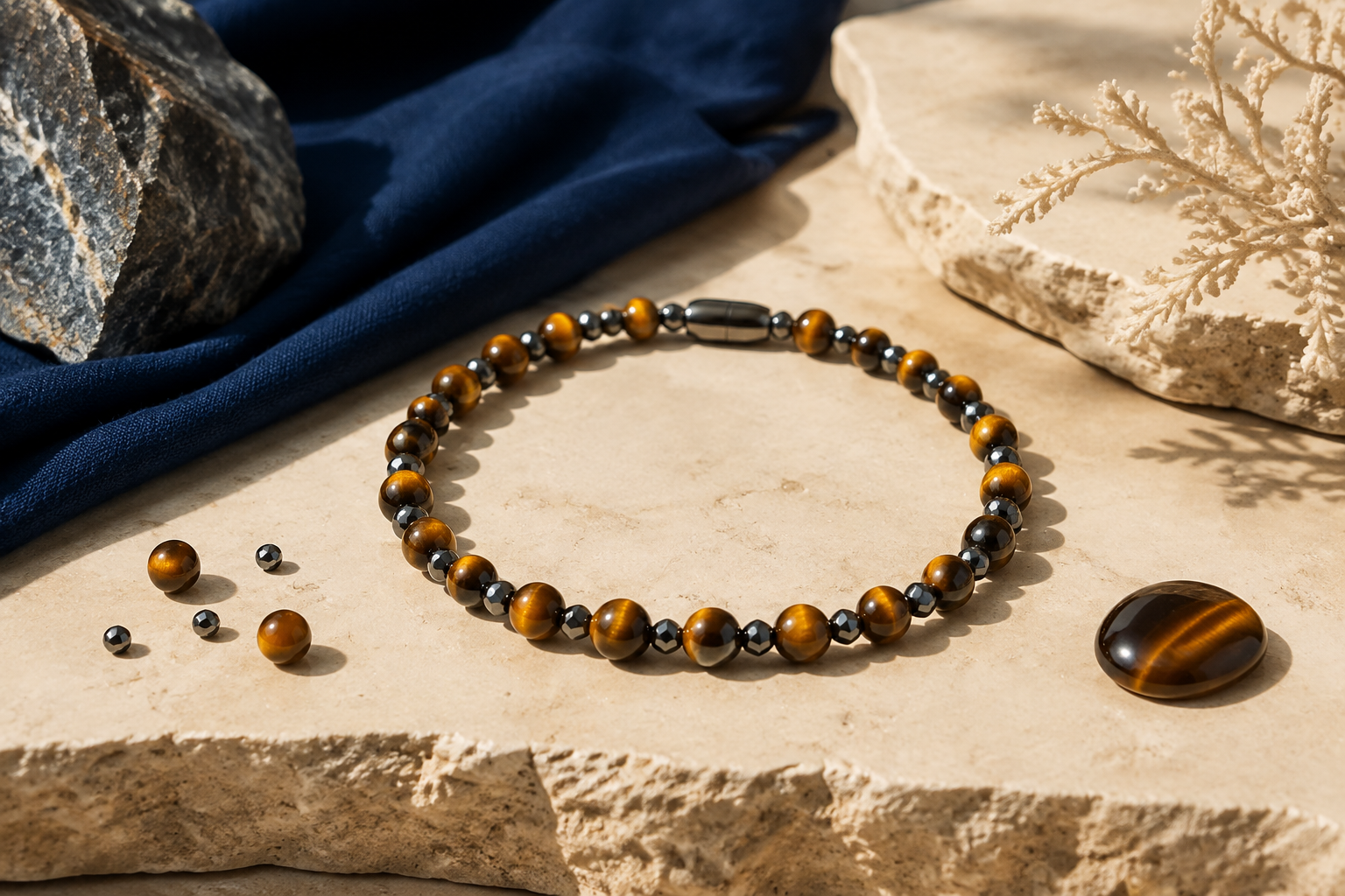 Bracelet associant perles d’œil de tigre dorées et hématite métallique