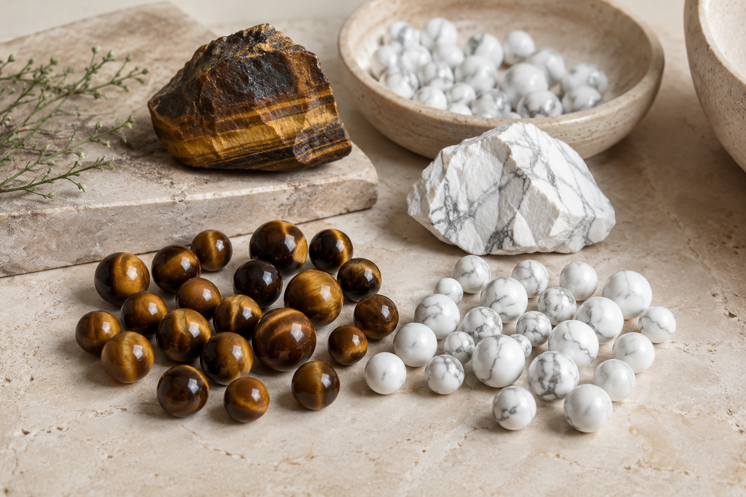 Œil de tigre et howlite : pierres naturelles et perles rondes