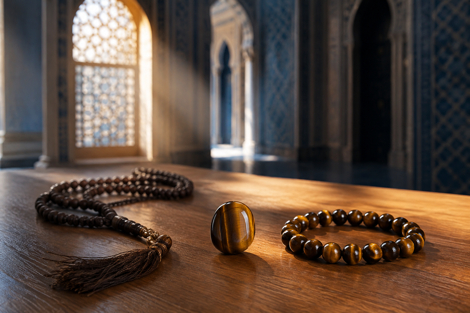 Œil de tigre, bracelet et chapelet de prière présentés séparément dans un décor de mosquée