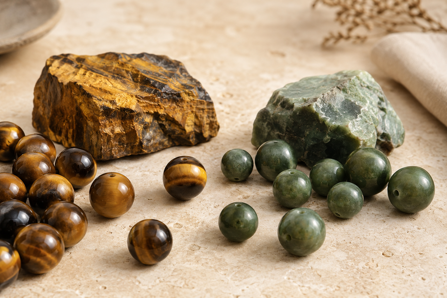 Œil de tigre et jade néphrite, pierres naturelles et perles rondes