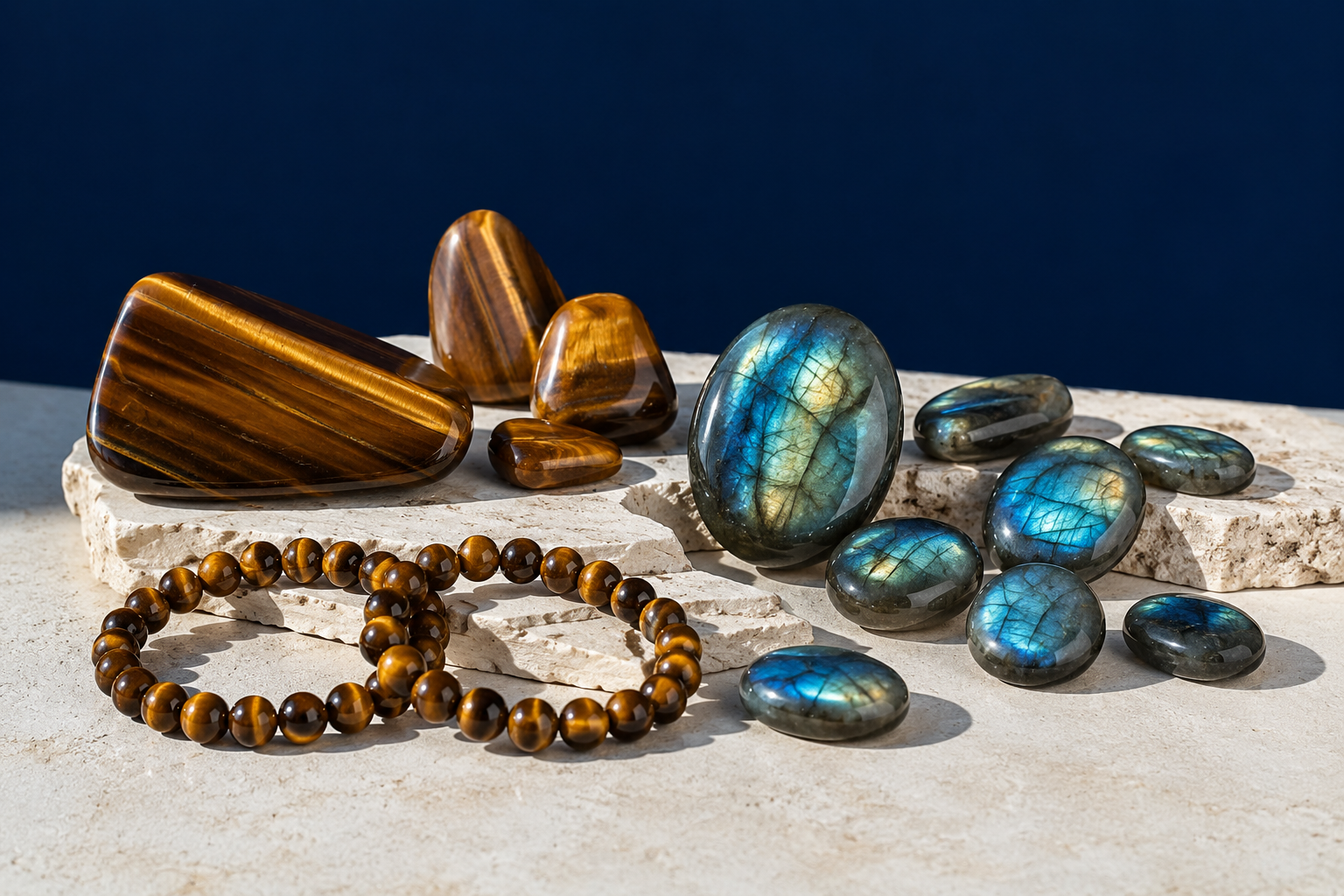 Œil de tigre doré et labradorite aux reflets bleus présentés ensemble avec deux bracelets
