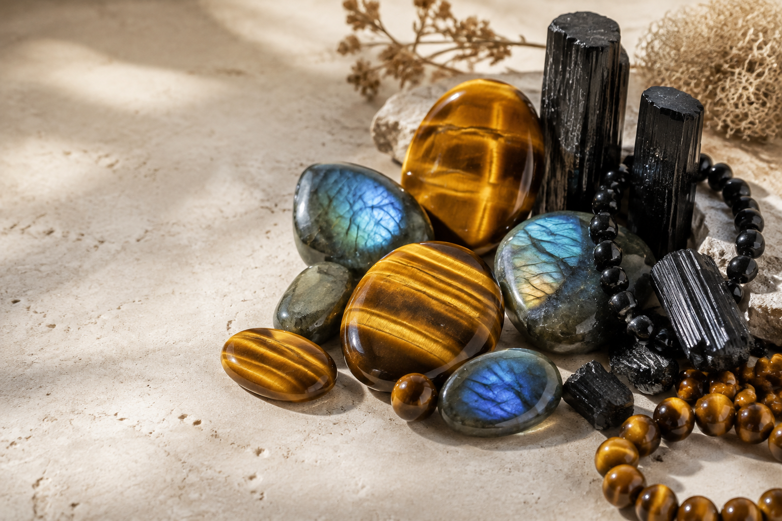 Œil de tigre, labradorite et tourmaline noire associés