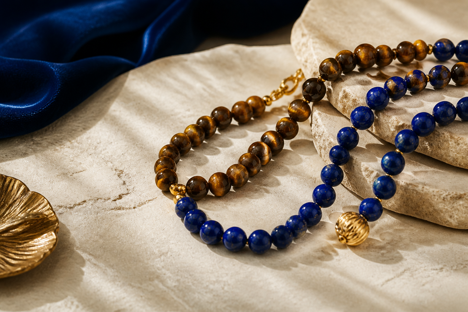 Œil de tigre et lapis-lazuli : association de bijoux bleu et doré