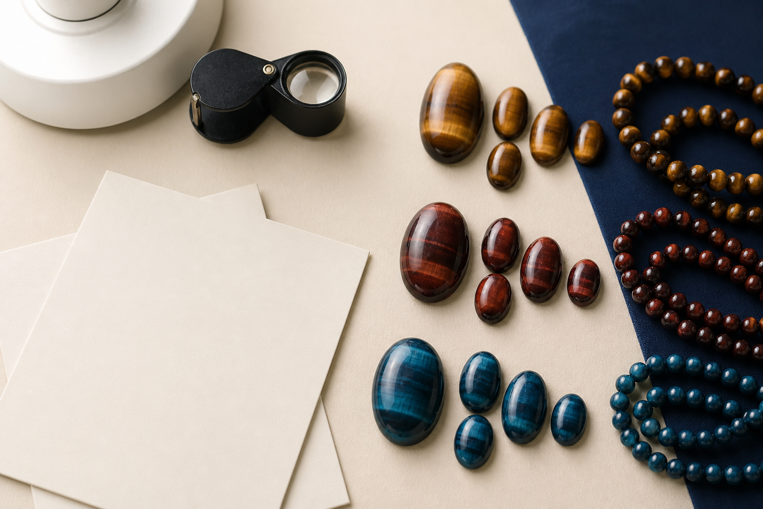 Comparaison entre œil de tigre naturel doré, chauffé rouge brun et teinté bleu