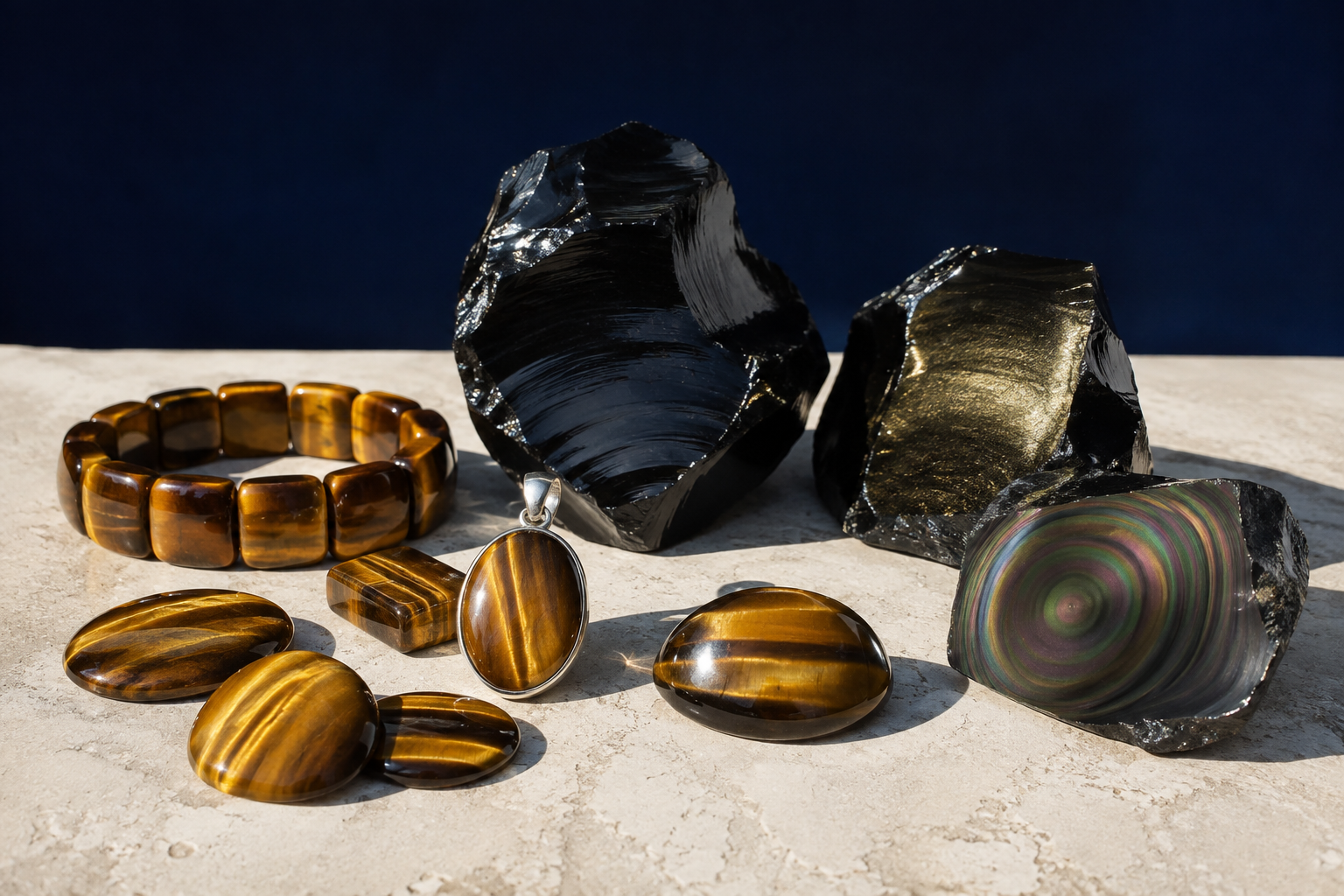 Œil de tigre avec obsidiennes noire, dorée et arc-en-ciel dites œil céleste
