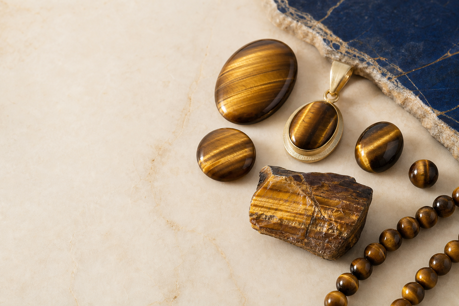 Œil de tigre brut, cabochons, perles et pendentif illustrant une pierre gemme naturelle