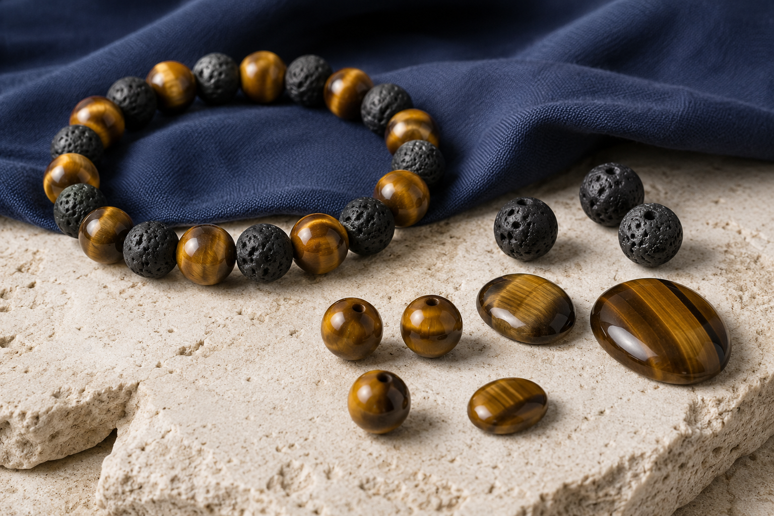 Bracelet en œil de tigre chatoyant et pierre de lave poreuse sur fond minéral