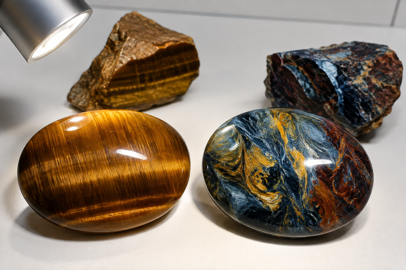Comparaison entre un cabochon en œil de tigre à bandes parallèles et une piétersite aux motifs chaotiques