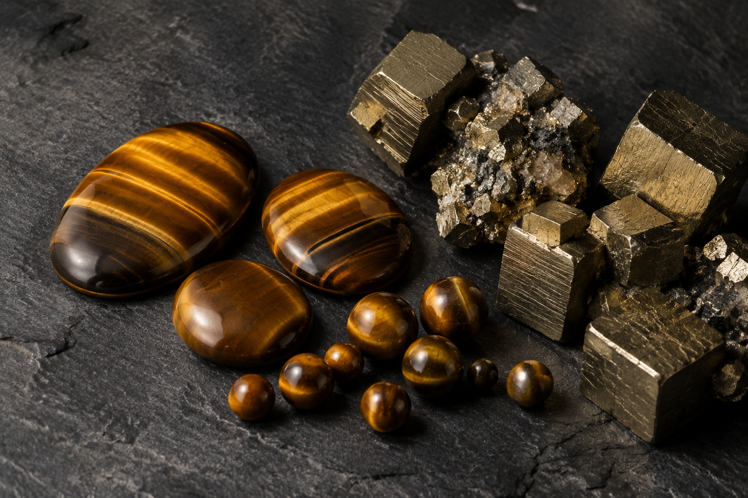 Œil de tigre poli et cristaux cubiques de pyrite sur ardoise sombre
