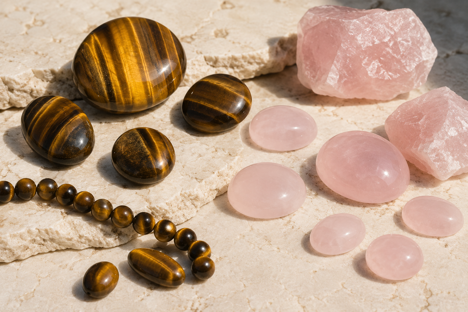 Œil de tigre chatoyant et quartz rose naturel comparés côte à côte