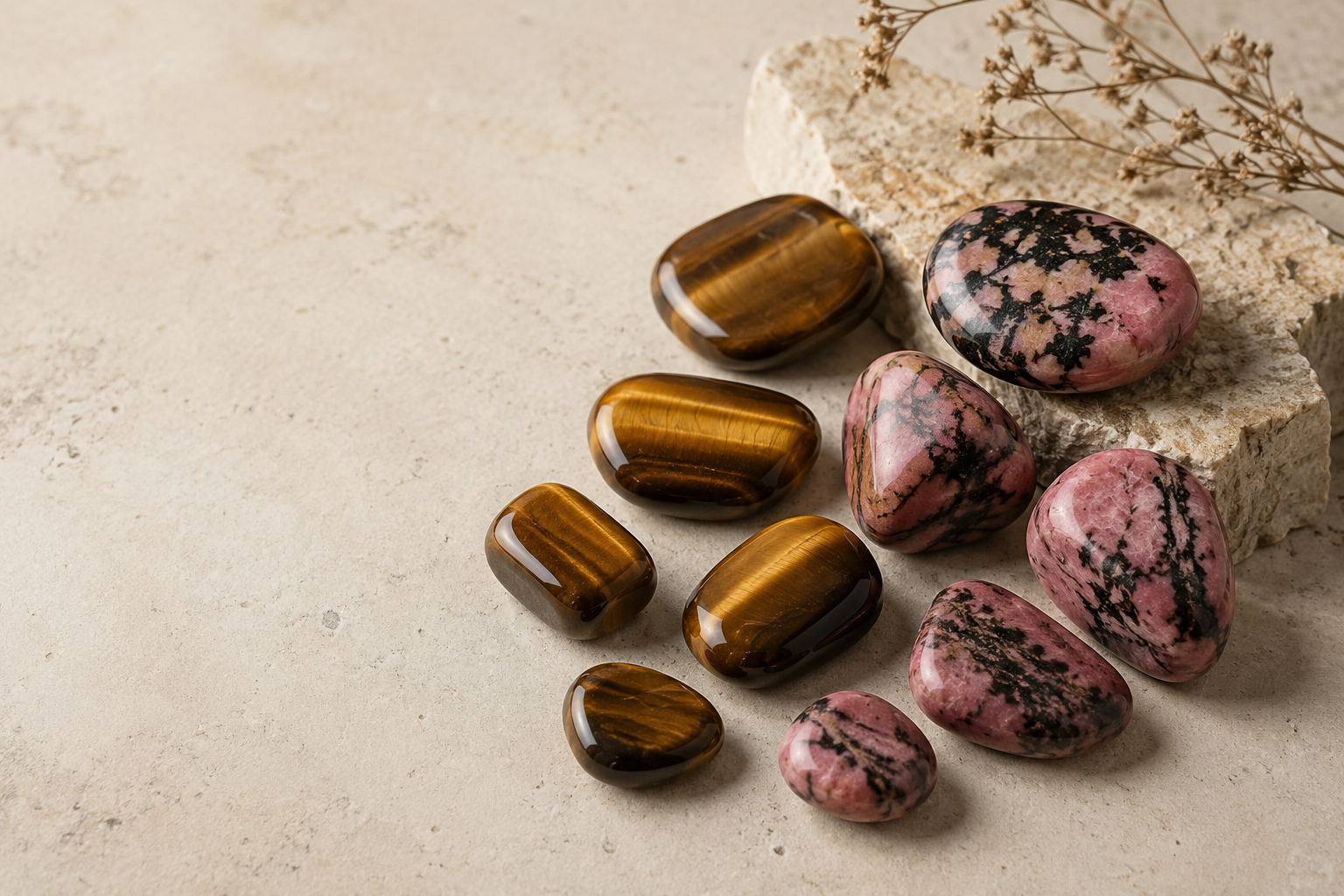 Œil de tigre doré et rhodonite rose veinée de noir