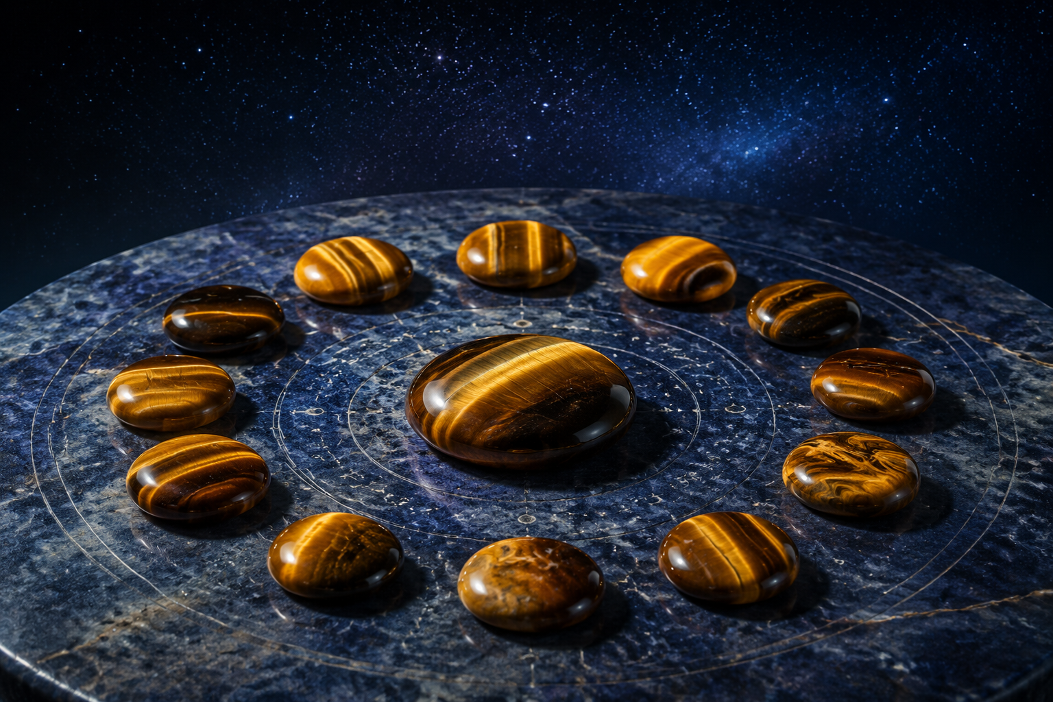 Douze cabochons d’œil de tigre disposés en cercle sous un ciel étoilé