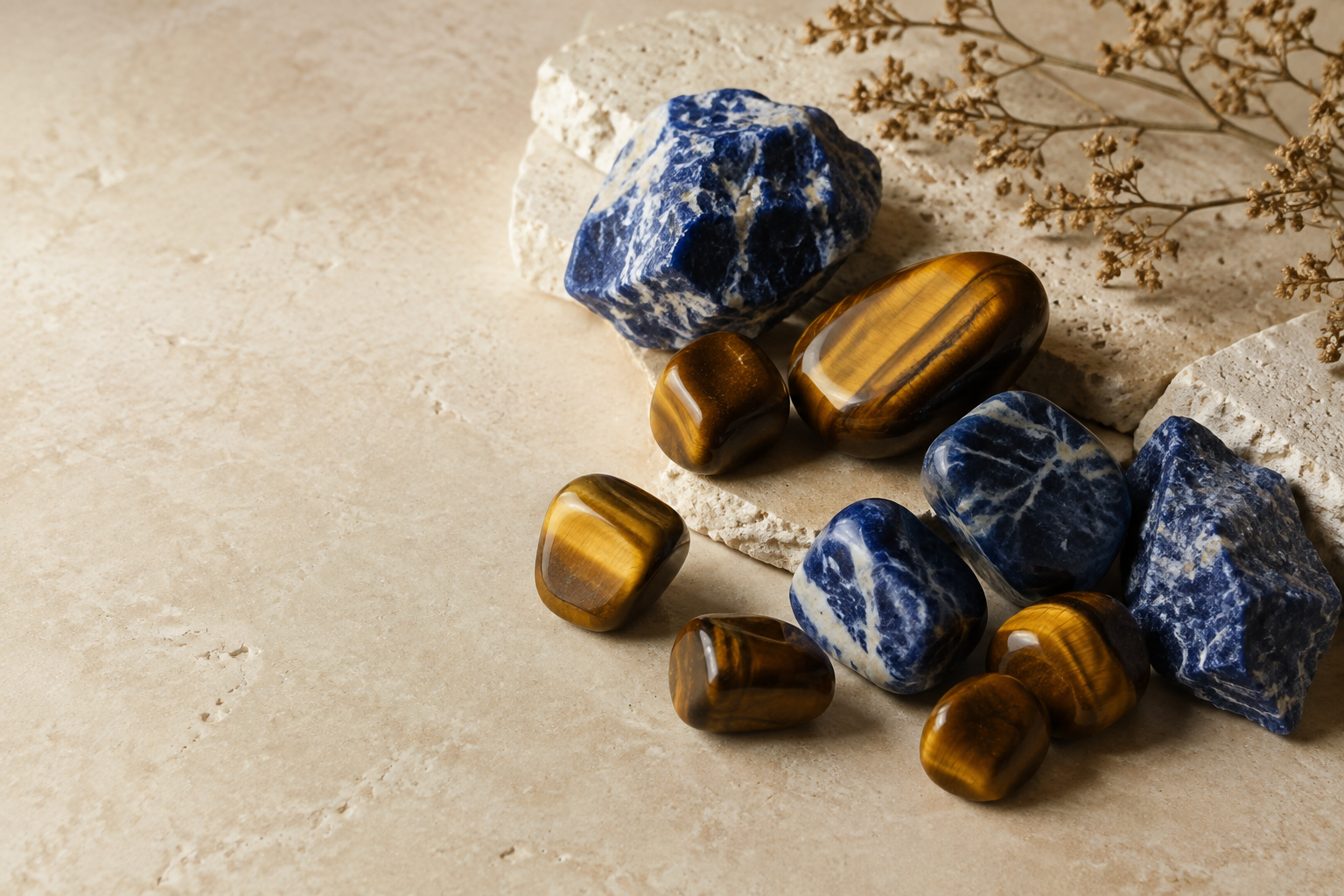 Œil de tigre et sodalite associés dans une composition minérale